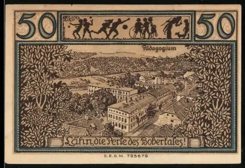 Notgeld Lähn i. Riesengeb., 50 Pfennig, Pädagogium und Taubengustel-Motiv
