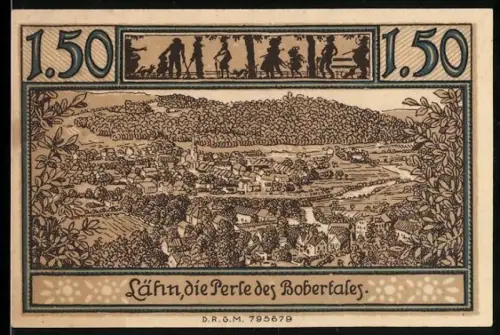 Notgeld Lähn i. Riesengeb., 1.50 M, Landschaftspanorama und Figur mit Blume