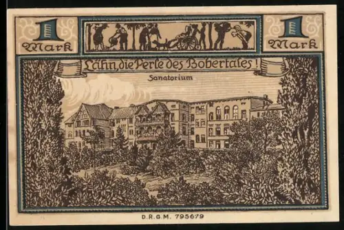 Notgeld Lähn i. Riesengebirge, 1 Mark, Sanatorium und Frau mit Tauben