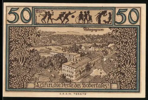 Notgeld Lähn i. Riesengebirge, 50 Pfennig, Ortsansicht und Allegorie mit Frau und Tauben