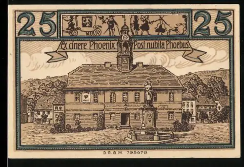 Notgeld Lähn i. Riesengebirge, 25 Pfennig, Rathaus und Frau mit Vögeln als Darstellung