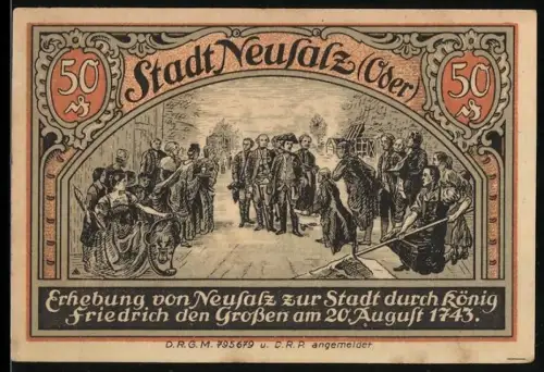 Notgeld Neusalz /Oder, 50 Pfennig, Stadterhebung durch Friedrich den Grossen 1743, Wappen mit Adler und Boot