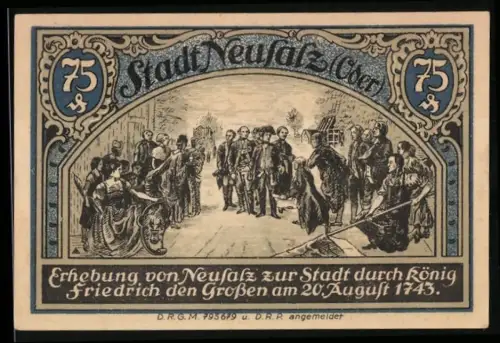 Notgeld Neusalz /Oder, 75 Pfennig, Stadtgründung durch Friedrich den Grossen, Wappen mit Adler und Schiff