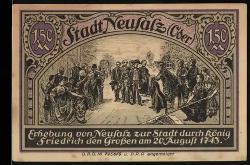 Notgeld Neusalz /Oder, 1,50 Mark, Erhebung zur Stadt durch Friedrich den Grossen 1743, mit Wappen