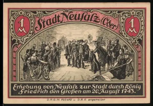Notgeld Neusalz /Oder, 1 Mark, Stadterhebung durch Friedrich den Grossen, Wappen mit Adler und Boot