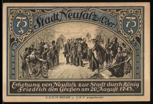 Notgeld Neusalz /Oder, 75 Pfennig, Stadtwerdung durch Friedrich den Grossen, preussischer Adler und Schiff