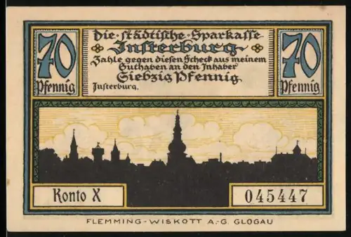 Notgeld Insterburg, 70 Pfennig, Stadtsilhouette und Wappen mit Jäger und Bär