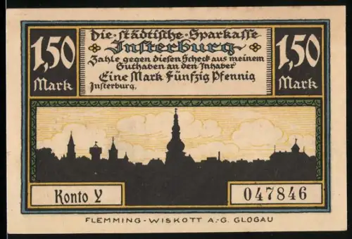 Notgeld Insterburg, 1,50 Mark, Stadtsilhouette und Altes Ordensschloss