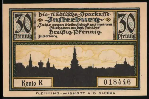 Notgeld Insterburg, 30 Pfennig, Stadtsilhouette und Burghof mit Peinturm 1336, Wappen mit Kreuz und Adler
