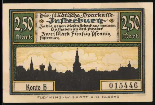 Notgeld Insterburg, 2,50 Mark, Stadtsilhouette und Alter Markt mit Lutherkirche