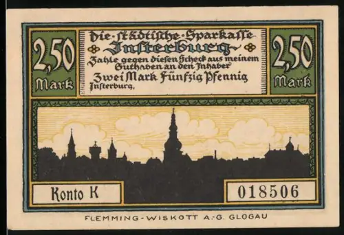 Notgeld Insterburg, 2,50 Mark, Stadtsilhouette und Alter Markt mit Lutherkirche