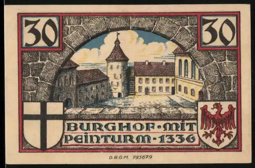 Notgeld Insterburg, 30 Pfennig, Burghof mit Peinturm und Ortsansicht Silhouette
