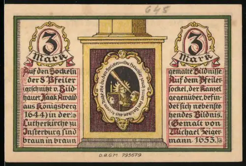Notgeld Insterburg, 3 Mark, Kanzelbildnis und Stadtsilhouette