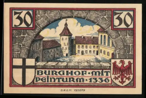 Notgeld Insterburg, 30 Pfennig, Burghof mit Peinturm und Stadtsilhouette