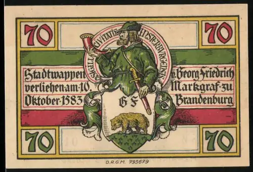 Notgeld Insterburg, 70 Pfennig, Stadtwappen und Stadtsilhouette mit Wolkenhimmel