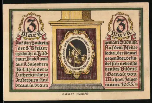 Notgeld Insterburg, 3 Mark, Lutherkirche-Sockel und Stadtsilhouette