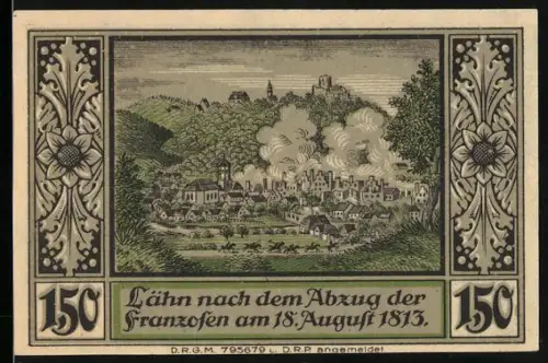 Notgeld Lähn i. Riesengeb., 1,50 Mark, Ortsansicht mit Burgruine und Rauchwolken