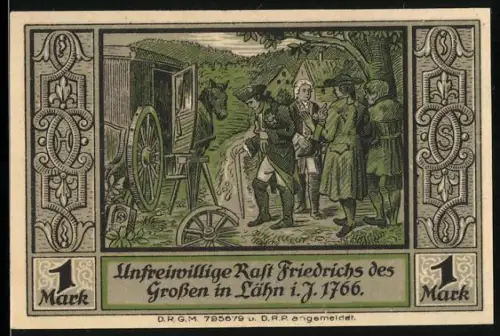 Notgeld Lähn i. Riesengeb., 1 Mark, unfreiwillige Rast Friedrichs des Grossen 1766, Baum-Motiv