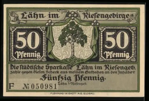 Notgeld Lähn i. Riesengeb., 50 Pfennig, Baum und Burg Lehnhaus mit Figurenabbildungen