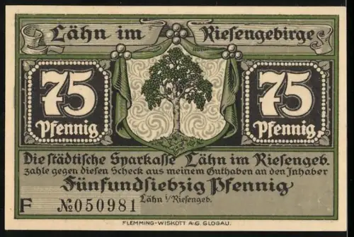 Notgeld Lähn i. Riesengeb., 75 Pfennig, Baum und Landsknechte beim Kartenspiel im Dreissigjährigen Krieg