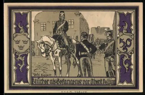 Notgeld Stolp i. Pom., 50 Pfennig, Porträt von Fürst Blücher und historische Militärszene