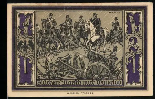 Notgeld Stolp i. Pom., 2 Mark, Blüchers Marsch nach Waterloo und Porträt von Fürst Blücher von Wahlstatt