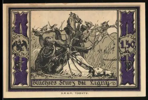 Notgeld Stolp i. Pom., 1.50 Mark, Blüchers Sturz bei Ligny und Porträt von Fürst Blücher von Wahlstatt