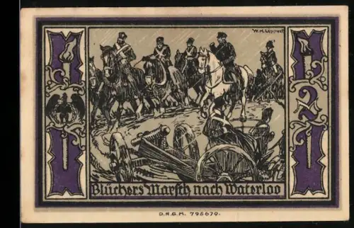 Notgeld Stolp i. Pom. 1921, 2 Mark, Blüchers Marsch nach Waterloo und Porträt von Fürst Blücher von Wahlstatt
