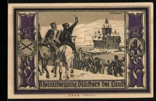 Notgeld Stolp i. Pom., 1 Mark, Blüchers Rheinübergang und Porträt von Blücher in Uniform