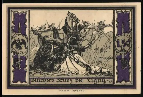 Notgeld Stolp i. Pom., 1.50 Mark, Blüchers Sieg bei Ligny und Porträt von Fürst Blücher von Wahlstatt