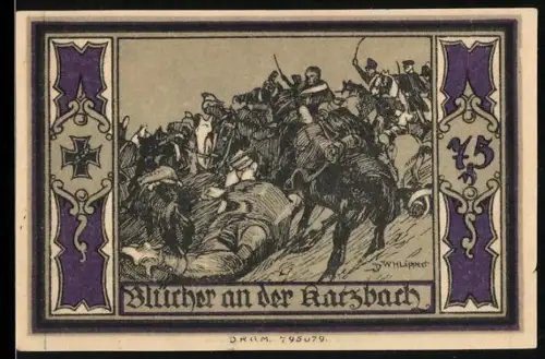 Notgeld Stolp i. Pom., 75 Pfennig, Blücher an der Katzbach und Porträt von Blücher