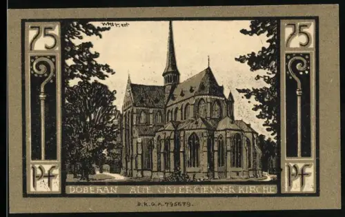 Notgeld Bad Doberan, 75 Pfennig, Zisterzienserkirche und Wappen mit Hirsch und Schwan