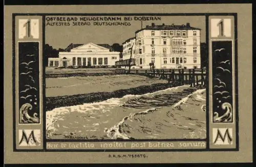Notgeld Bad Doberan, 1 Mark, Heiligendamm mit Kurhaus und Wappen von Bad Doberan