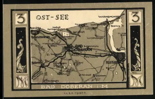 Notgeld Bad Doberan i. M., 3 Mark, Landkarte und Wappen mit Löwe und Schwan