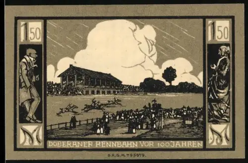 Notgeld Bad Doberan, 1,50 Mark, Rennbahn und Stadtwappen mit Hirsch und Schwan