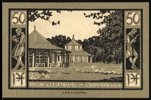 Notgeld Bad Doberan, 50 Pfennig, Musik- & Lesetempel im Stadtpark Kamp, Wappen mit Hirsch und Schwan