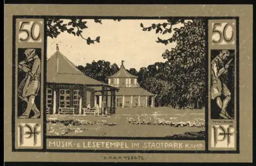 Notgeld Bad Doberan, 50 Pfennig, Musik- und Lesetempel im Stadtpark, Wappen mit Hirsch und Schwan