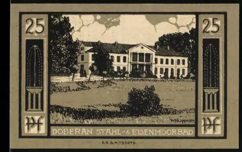 Notgeld Bad Doberan, 25 Pfennig, Stahl- & Eisenmoorbad, Wappen mit Hirsch und Schwan