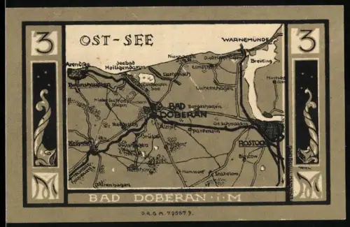 Notgeld Bad Doberan i. M., 3 Mark, Karte der Ostsee und Wappen mit Löwe und Schwan