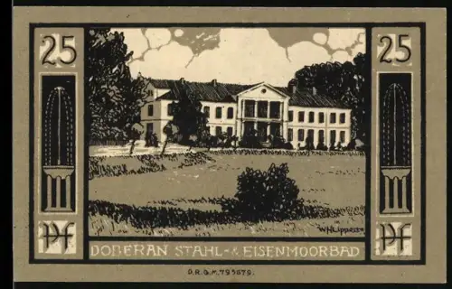 Notgeld Bad Doberan, 25 Pfennig, Stahl- und Eisenmoorbad, Wappen mit Rotem Löwen und Schwan