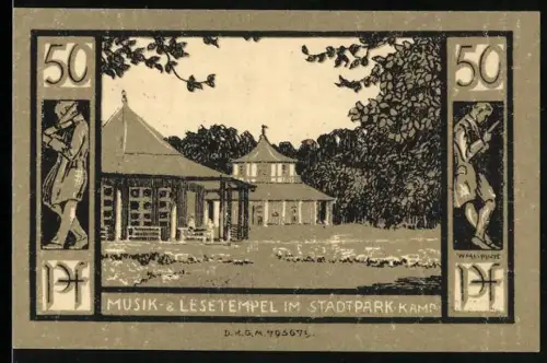 Notgeld Bad Doberan, 50 Pfennig, Musik- und Lesetempel im Stadtpark Kamp, Wappen mit Hirsch und Schwan