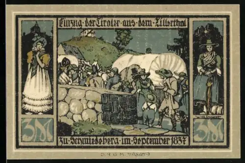 Notgeld Schmiedeberg i. R., 3 Mark, Tiroler Einzug und Kriegerdenkmal mit Wappen