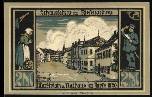 Notgeld Schmiedeberg i. Rsgb., 2 Mark, Marktplatz mit Rathaus und Denkmal mit Soldat