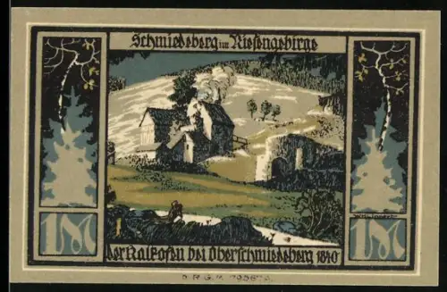 Notgeld Schmiedeberg i. R., 1 Mark, Ruinenlandschaft und Denkmal mit Löwe