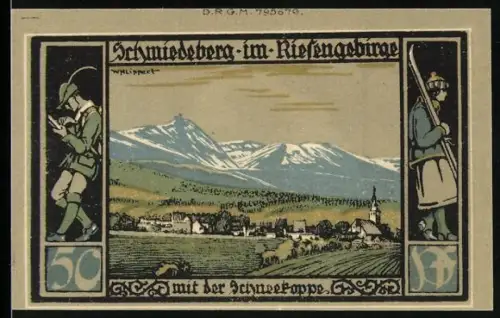 Notgeld Schmiedeberg i.R., 50 Pf, Dorflandschaft und Kriegerdenkmal mit Skulptur