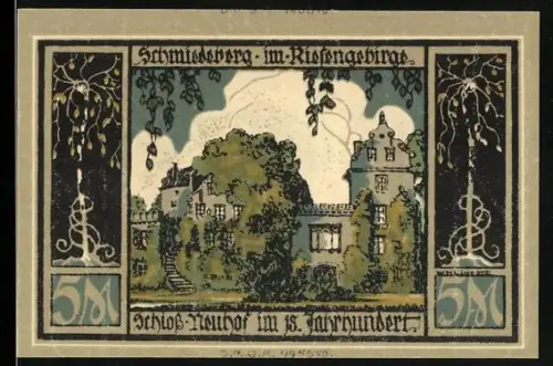 Notgeld Schmiedeberg i. Rsgb. 5 Mark, Schloss-Ruine und Kriegerdenkmal mit Skulptur