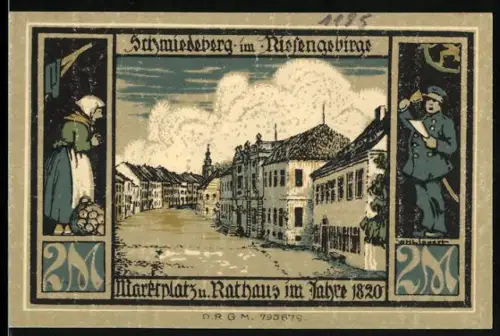 Notgeld Schmiedeberg i. Rsgb., 2 Mark, Marktplatz mit Rathaus und Denkmal mit Soldat und Schild
