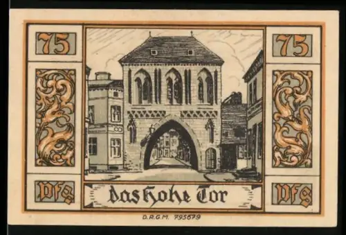 Notgeld Belgard, 75 Pf, Das Hohe Tor und Wappen mit Greif