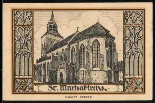 Notgeld Belgard, 2 Mark, St. Marienkirche und Wappen mit Greif