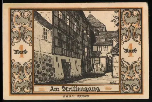 Notgeld Belgard, 1 Mark, Fachwerkhäuser im Strillengang und Wappen mit Greif und Löwe